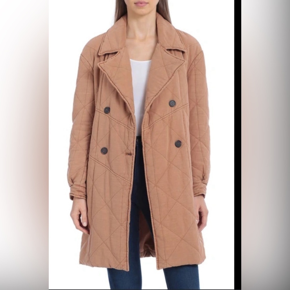 NWT Avec Les Filles Long Quilted Jacket Women L Double Breasted Dust Pink